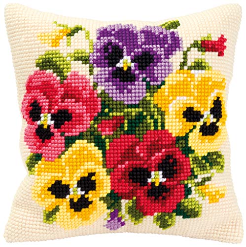 Vervaco Cross Stitch Embroidery Kits Pillow Front for Self-Embroidery with Embroidery Pattern on 100% Cotton and Embroidery Thread, 15,75 x 15,75 Inches - 40 x 40 cm, Pansy Posy