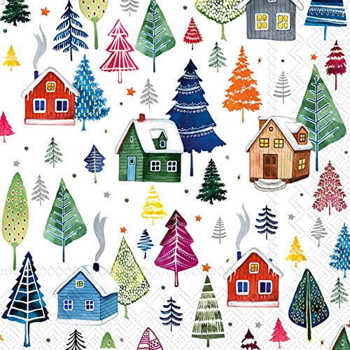 Boston International IHR Winter Holiday Christmas 3-Ply Paper Napkins, 20-Count Cocktail Size, Winter Village