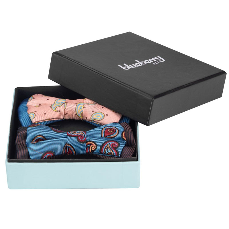 Blueberry Pet Gift Box with Pack of 2 Handmade Dog Cat Bow Tie, Paisley Fave Designer Bowtie Set, 4" 2.5"
