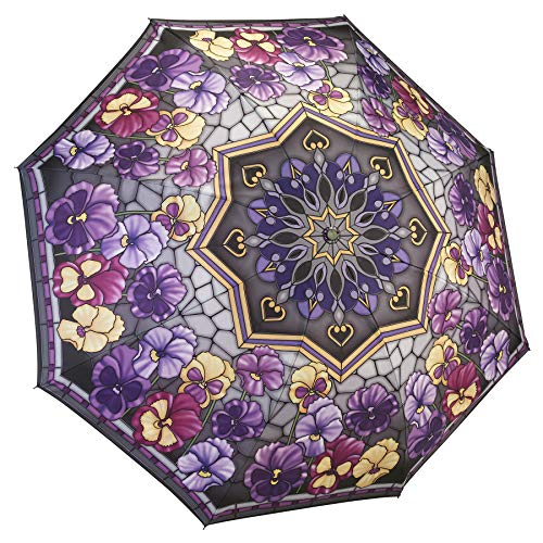 Galleria Enterprises Reverse Close Folding Umbrella with Stained Glass Pansies Art - Automatic Travel Umbrella for Backpack, Totes and Cars - Automatic Folding Umbrellas for Rain with Unbreakable Fiberglass Ribs (Folding Reverse Close)