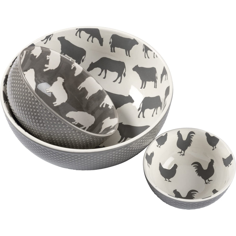 Primitives by Kathy Set of 3 Farm Animal Themed Decorative Stoneware Bowls (Chicken & Cow & Sheep)