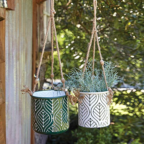 CTW Home Collection 770422 Hanging Planters, 7.25-inch Height, Set of Two, Green and White, Metal