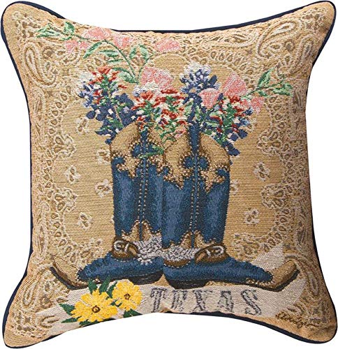 Manual CC Home Furnishings 17" Brown and Blue Floral Texas Designer Boots Square Throw Pillow