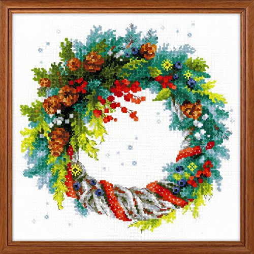 PA Distribution RIOLIS 1603 - Wreath with Blue Spruce - Counted Cross Stitch Kit 11¾" x 11¾" Zweigart 14 ct. White AIDA 29 Colors