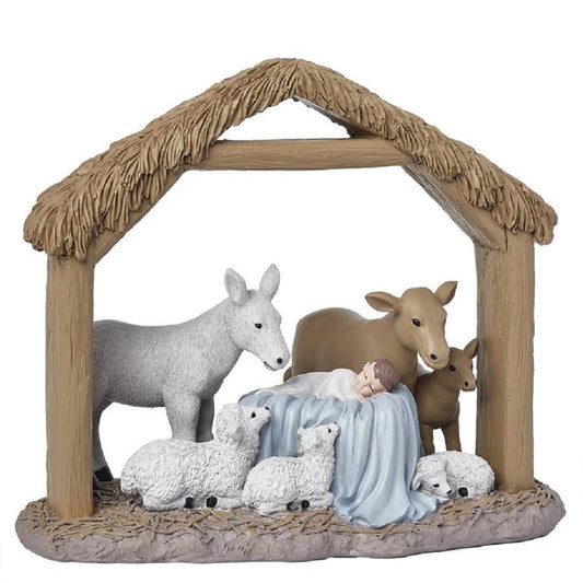 Blossom Bucket Sleeping Baby Jesus in Creche with Animals
