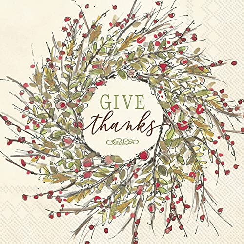 Boston International Rosanne Beck Fall Autumn Halloween Thanksgiving IHR 3-Ply Paper Napkins, 20-Count Cocktail Size, Give Thanks Wreath