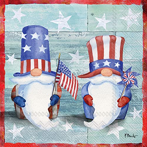 Boston International IHR Ideal Home Range 3-Ply Paper Napkins Patriotic July 4th Summer Designs, 20-Count Lunch Size, Freedom Gnomes