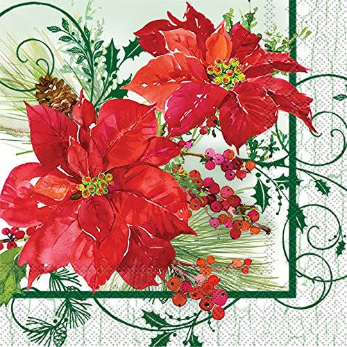 Boston International IHR 3-Ply Paper Napkins, 20-Count Lunch Size, Poinsettia Crackle