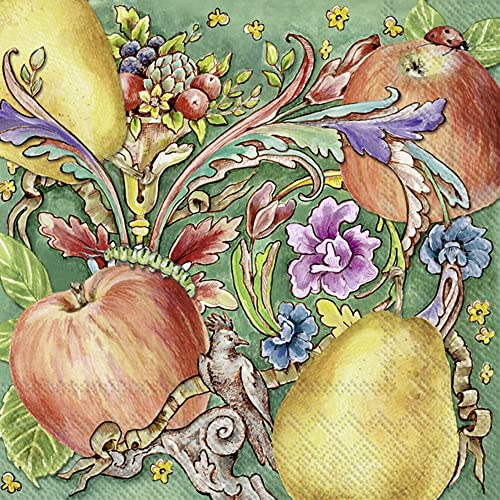 Boston International IHR Floral Fall Autumn Thanksgiving 3-Ply Paper Napkins, 20-Count Cocktail Size, Roslyn Fruits- Green