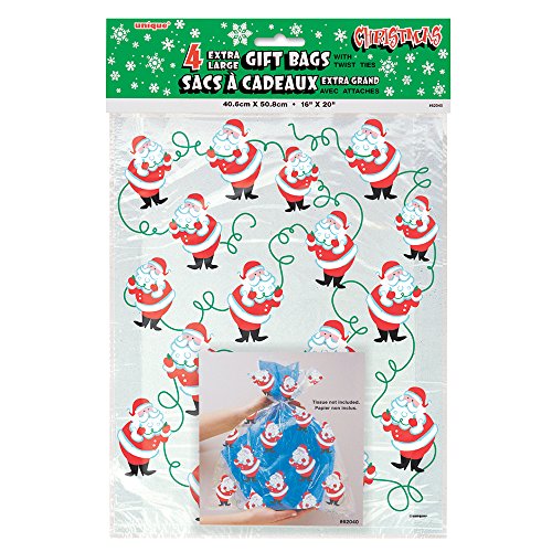 Unique Industries Large Santa Claus Christmas Cellophane Bags, 4ct