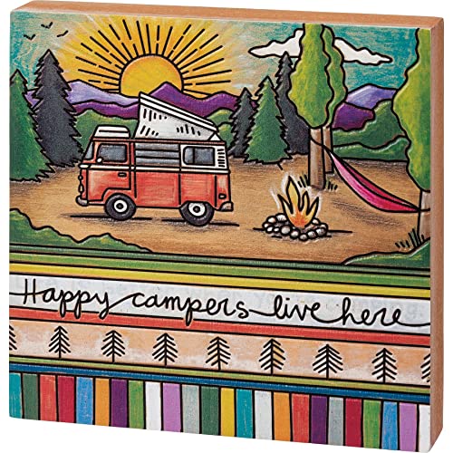 Primitives By Kathy 113152 Happy Campers Live Here Block Sign, 6-inch Square