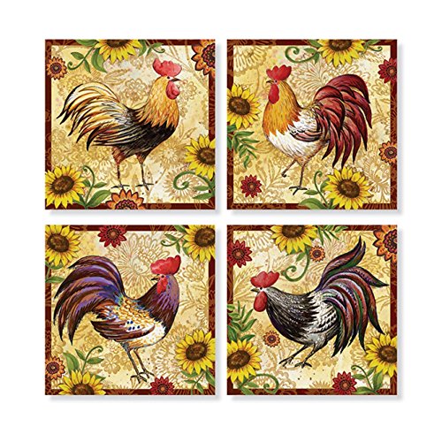 Set of 4 "Rooster and Sunflower" Square Stone Coaster Set by Carson Home Accents