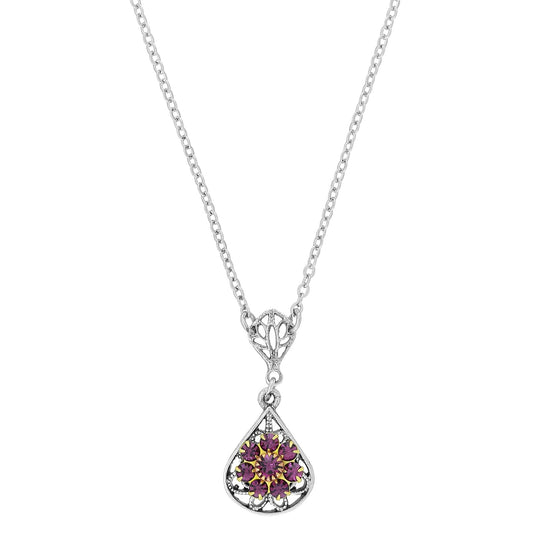 1928 Jewelry Clear Flower Crystal Cluster Teardrop Filigree Pendant Necklace 16" + 3" Extender