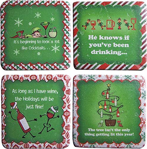 Manual Set of 4 Green and Red Square Christmas Themed Coaster 4" x 4" x 0.375"