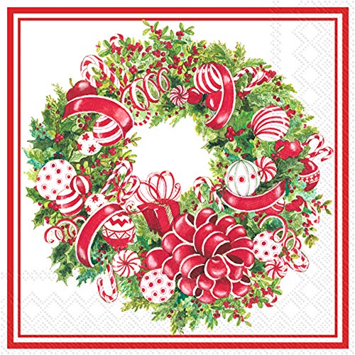 Boston International IHR 3-Ply Paper Napkins, 20-Count Lunch Size, Candy Ribbon Wreath