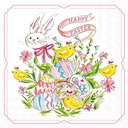 Boston International IHR 3-Ply Paper Napkins Rosanne Beck Collections, 20-Count Lunch Size, Easter Bunny And Chicks