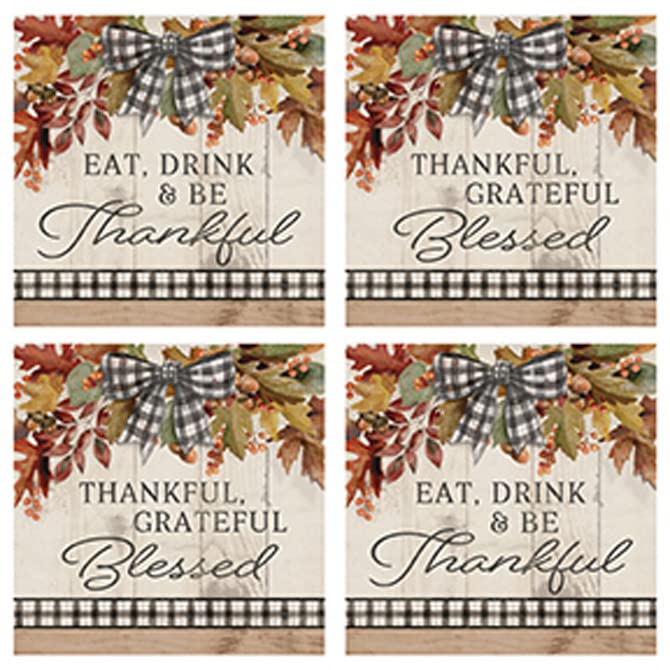 Carson Home Thankful Fall House Coaster, 4-inch Square, Set of 4