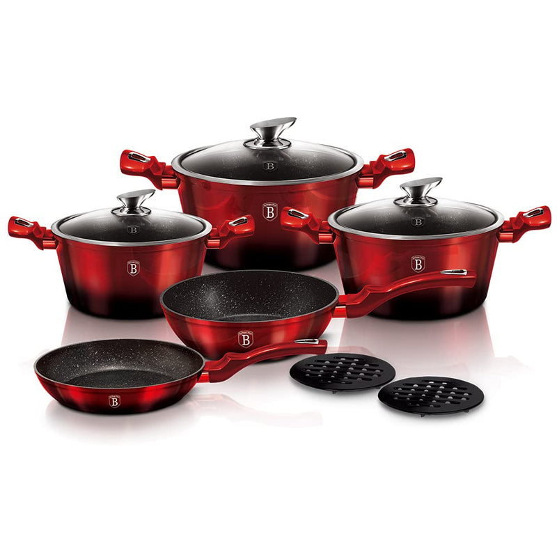 Berlinger Haus Kitchen Cookware Set - Precision Fit Tempered Glass Lids and Ergonomic Soft Touch Handle ‚Äì Include Black Bakelite mats, Casserole with Lid, Deep frypan, and Frypan - 10-Piece