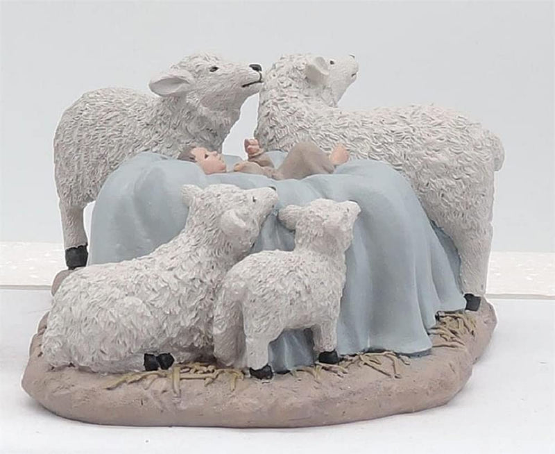 Blossom Bucket Baby Jesus Surrounded by Sheep Figurine