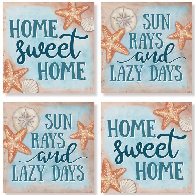 Carson Home Coral Blue Beach House Coaster, 4-inch Square, Set of 4