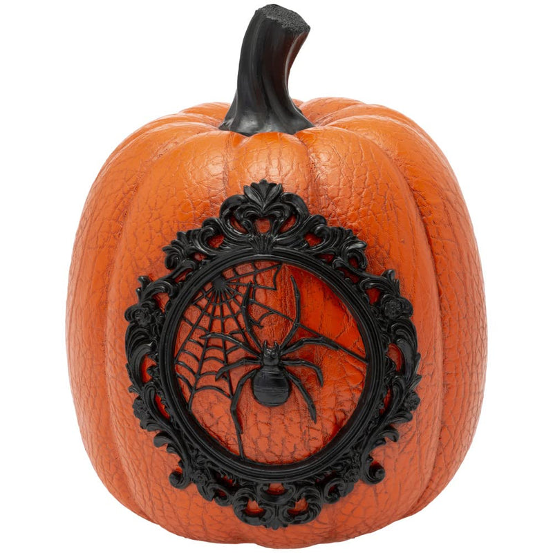 Boston International Halloween Pumpkin Spooky Tabletop Decorations, 7-Inches, Orange with Black Spider Lace