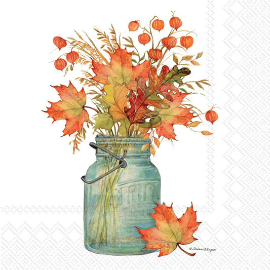 IHR Ideal Home Range Cocktail Napkins Disposable 3-Ply Paper Beverage Napkins, 5" x 5", Fall Leaves Mason Jar, 20 Count