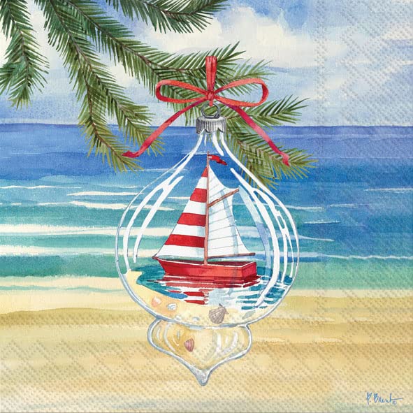 IHR Ideal Home Range Cocktail Disposable 3-Ply Paper Beverage Napkins, 5" x 5", Beach Ornament