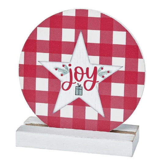 Blossom Bucket Round Joy Wooden Sign with Christmas Greens and Present On Base