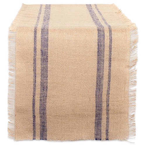 DII Design Jute Burlap Collection Kitchen Tabletop, Table Runner, 14x72, Blue Double Stripe