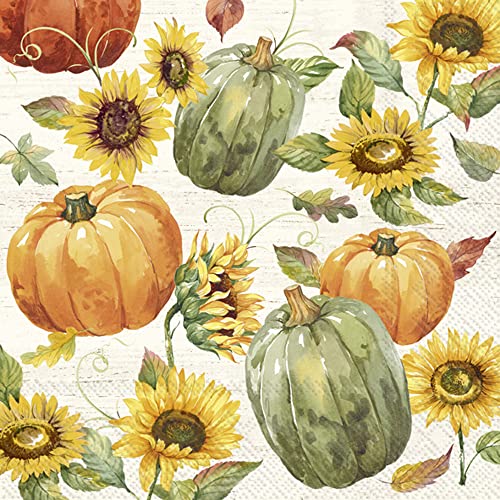 Boston International IHR Floral Fall Autumn Thanksgiving 3-Ply Paper Napkins, 20-Count Lunch Size, Glory Harvest- Cream