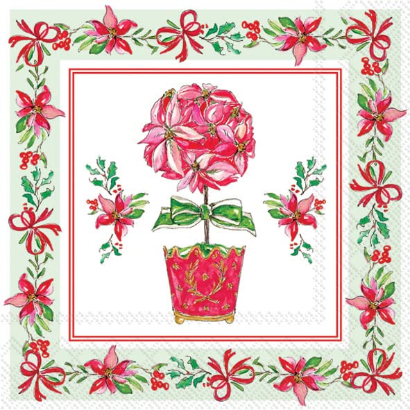 IHR Ideal Home Range Cocktail Disposable 3-Ply Paper Beverage Napkins, 5" x 5", Poinsettia Collection