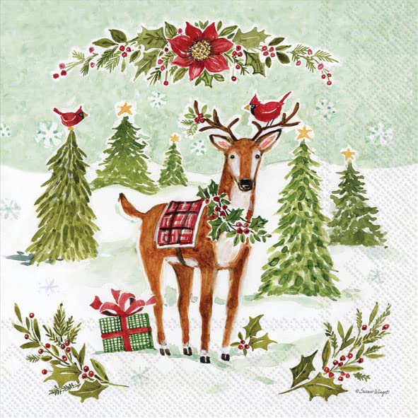 IHR Ideal Home Range Cocktail Disposable 3-Ply Paper Beverage Napkins, 5" x 5", Christmas Joy Reindeer