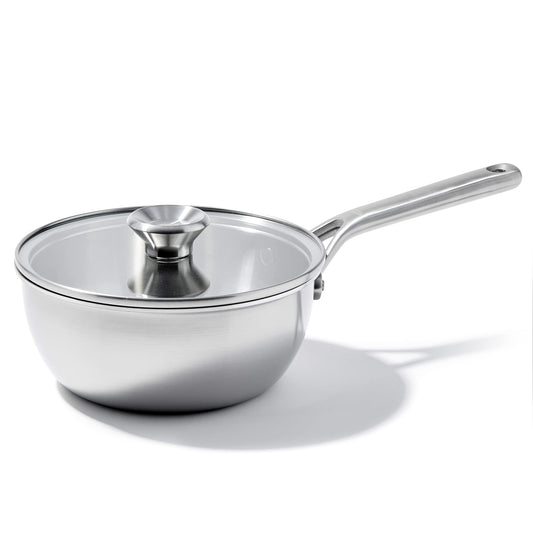 OXO Mira Tri-Ply Stainless Steel, 3.57QT Covered Chef's Pan with Lid, PFAS-Free, Multi Clad, Induction, Dishwasher Safe, Oven Safe, Silver