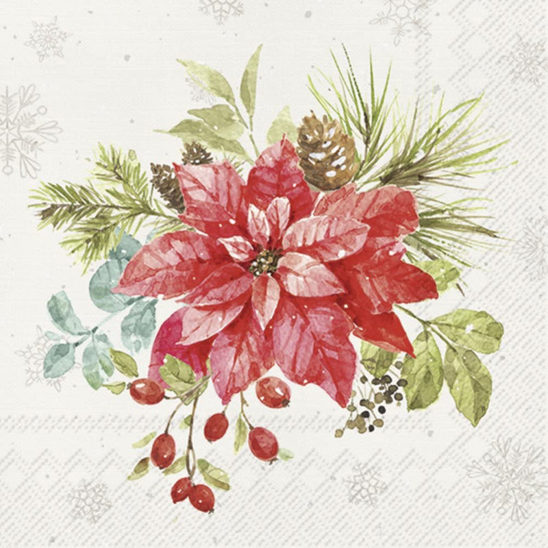 IHR Ideal Home Range Cocktail Disposable 3-Ply Paper Beverage Napkins, 5" x 5", Christmas Bouquet Cream