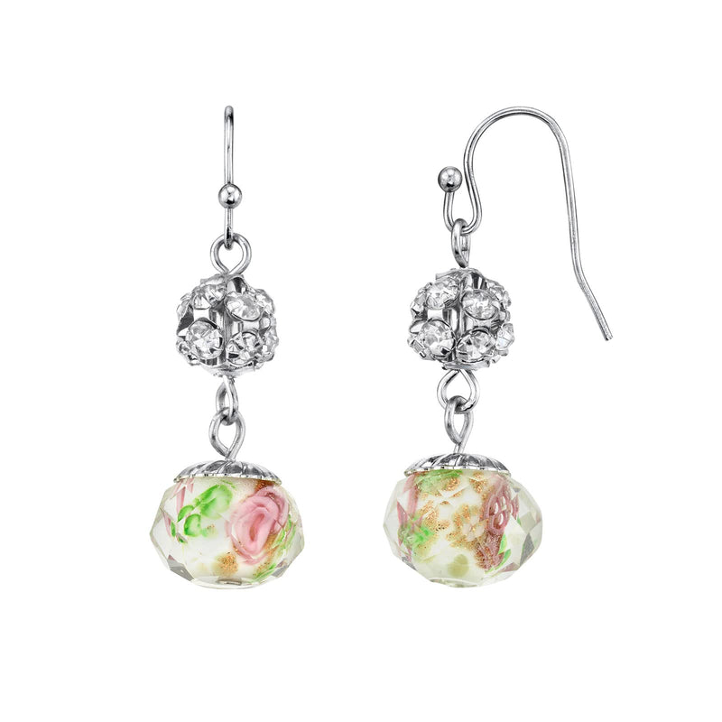 1928 Jewelry Silver Tone Crystal Pink Flower Beaded Drop Wire Earrings