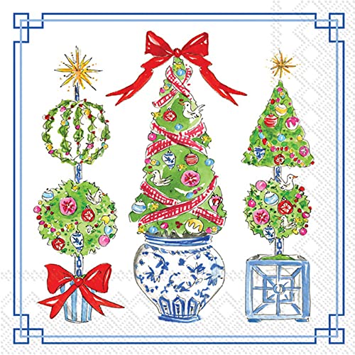 Boston International Rosanne Beck Winter Holiday Christmas IHR 3-Ply Paper Napkins, 20-Count Cocktail Size, Bright Topiary Trees