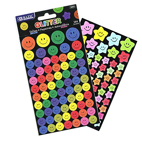 BAZIC Glitter Reward Sticker 144 Counts, Smile Face Kids Class Motivation Incentive Gift, Round Stars Colorful, Teacher Supplies, 1-Pack