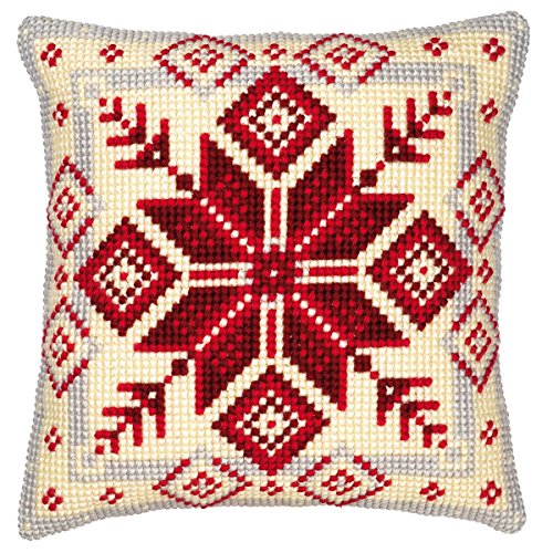 Vervaco Cross Stitch Embroidery Kits Pillow Front for Self-Embroidery with Embroidery Pattern on 100% Cotton and Embroidery Thread, 15,75 x 15,75 Inches - 40 x 40 cm, Nordic Snowflake