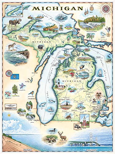 Xplorer Maps Michigan State Map Hand-Drawn Map Poster - Authentic 18x24 Inch Vintage-Style Wall Art - Lithographic Print with Soy-Based Inks - Unique Gift for History Buffs, Travelers, Teachers, or Home Decor - All-Ages - Made In USA