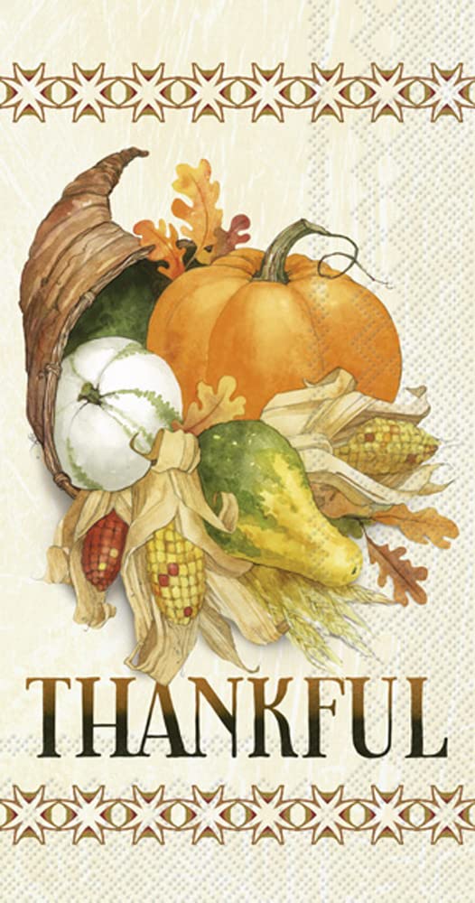 Boston International IHR 3-Ply Guest Towel Buffet Fall Autumn Halloween Thanksgiving Paper Napkins, 16-Count, Thankful Cornucopia