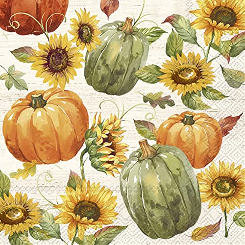 Boston International IHR Floral Fall Autumn Thanksgiving 3-Ply Paper Napkins, 20-Count Cocktail Size, Glory Harvest- Cream