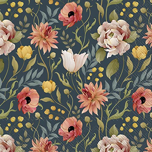 Boston International IHR Floral Fall Autumn Thanksgiving 3-Ply Paper Napkins, 20-Count Lunch Size, Flower Story Blue