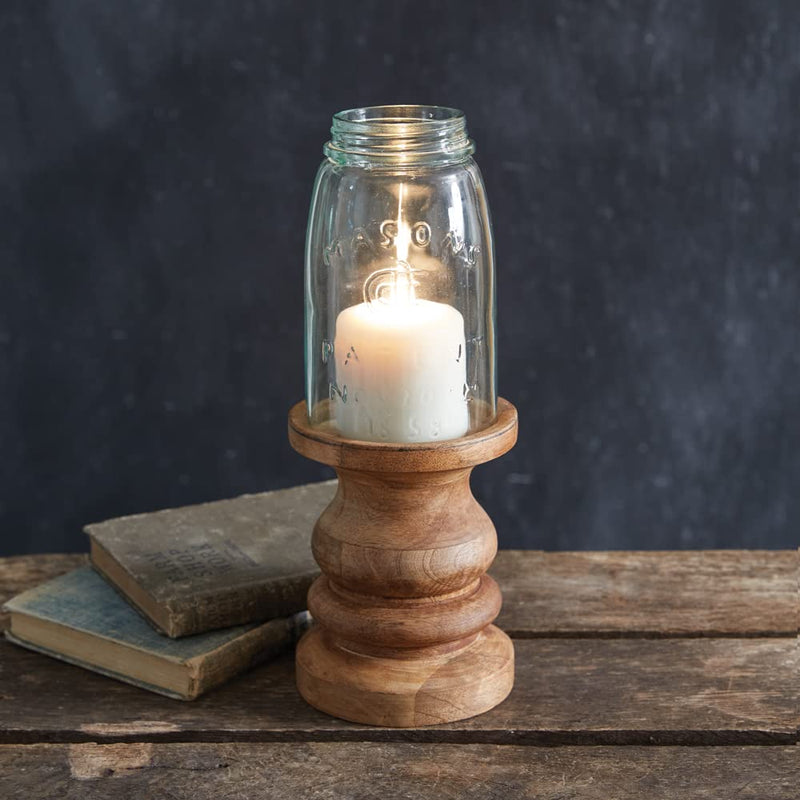 CTW Home Collection Quart Wooden Pedestal Candle Holder with Mason Jar Chimney, 12.5-inch Height, Home Accent, Tabletop Decor