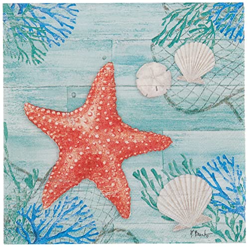 Boston International Celebrate the Home Beach-Themed 3-Ply Paper Cocktail Napkins, Clearwater Crab and Starfish, 20-Count