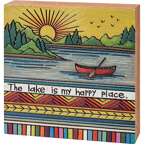 Primitives By Kathy 113149 The Lake is My Happy Place Block Sign, 4-inch Square