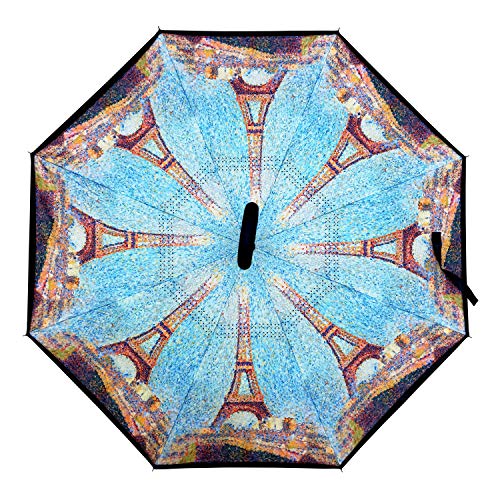 Calla Topsy Turvy Inverted Umbrella, Windproof, UV Protection, Drip-Free Inverted Design, Hands-Free Option, Comfort-Grip C-Shaped Handle and Exclusive Patterns, Georges Seurat Eiffel Tower