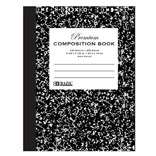 BAZIC Composition Book Wide Ruled 100 Sheet, Premium Black Marble Notebook, Writing Journal Comp Lined Notebooks for School, 1-Pack