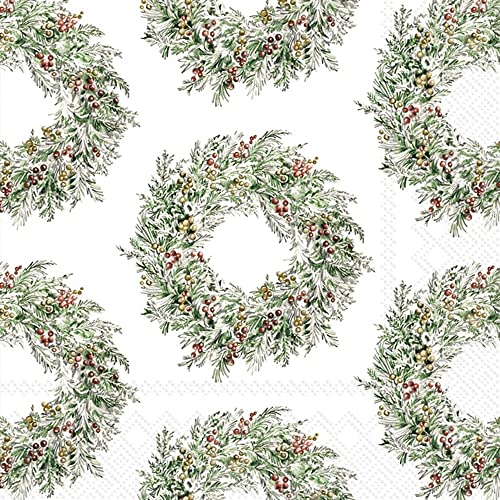 Boston International IHR Winter Holiday Christmas 3-Ply Paper Napkins, 20-Count Cocktail Size, Holiday Berry Wreath