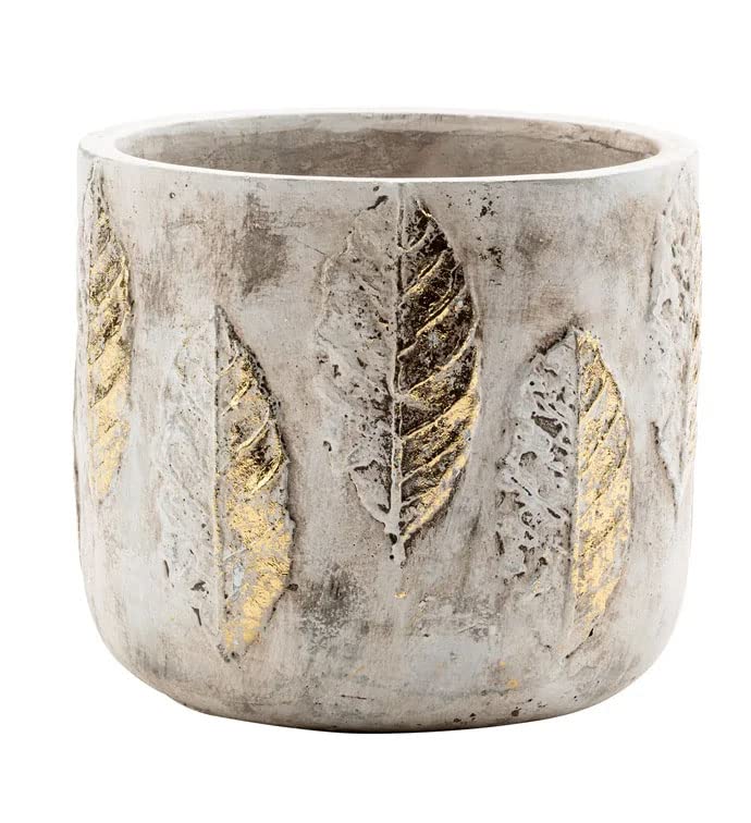 Napco Gold Leaf Detail Grey 5.5 x 5.5 Concrete Cache Pot