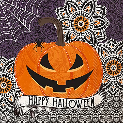 Boston International IHR 3-Ply Paper Napkins, 20-Count Cocktail Size, Happy Halloween Pumpkin